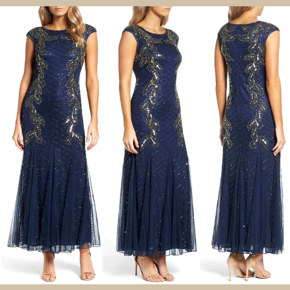 NEW! Pisarro Nights Beaded Flame Motif Cap-Sleeve Gown‎ [SZ 10 ]